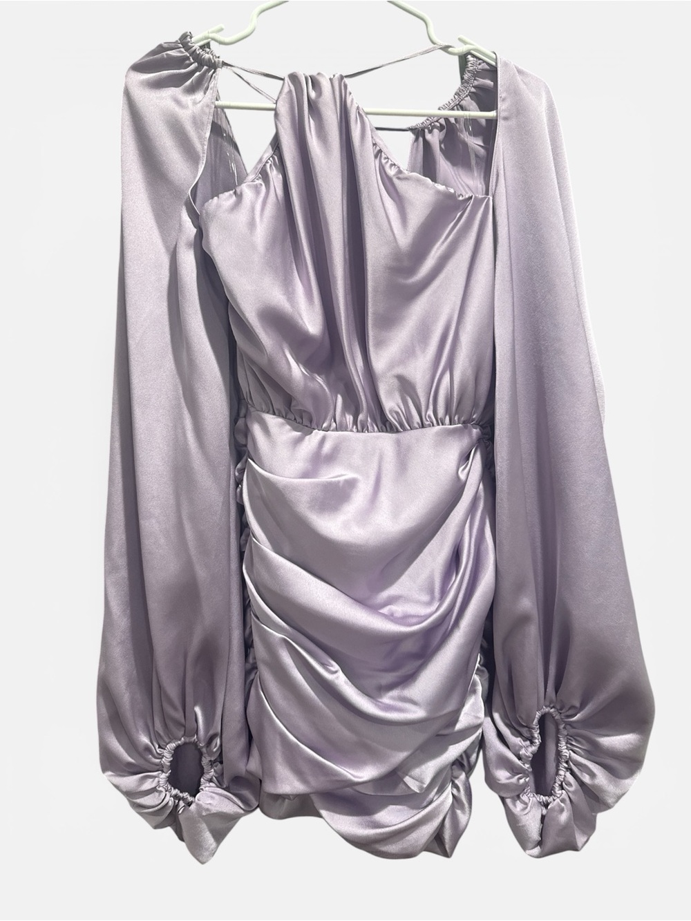 House of CB Lilac Satin Ruched Cutout Mini Dress Balloon Sleeve Date Night Small - Picture 6 of 10